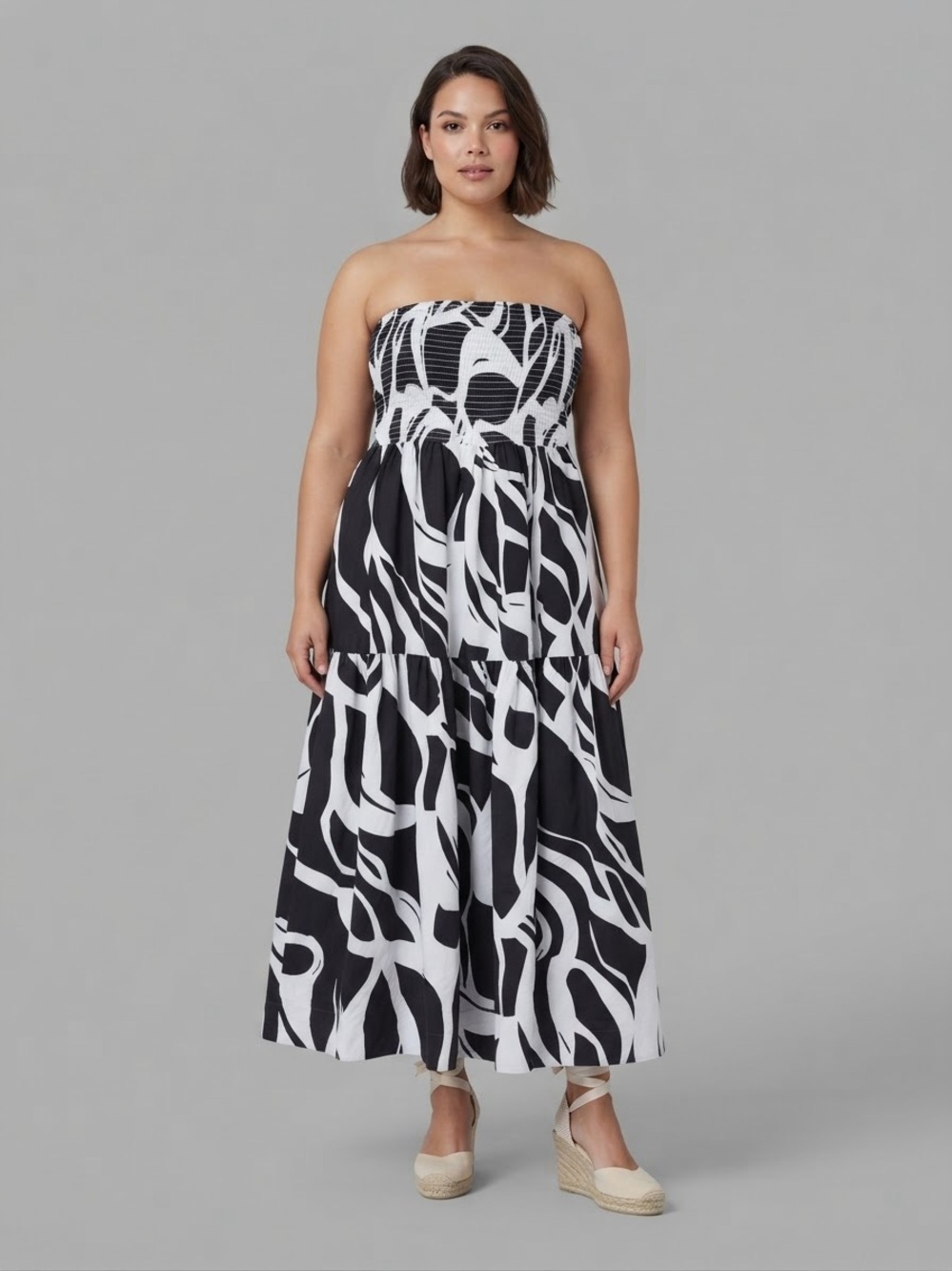 FORCYNTHIA Beachwear Strapless Black & White Print Maxi Dress